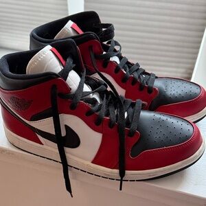 Nike Jordans 1 Mid Black Toe Men's Red and Black Sneakers